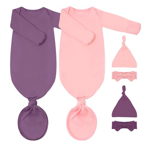 Newborn Baby Knotted Gown, Soft Breathable Baby Sleep Gown with Hat & Headband for Boys Girls
