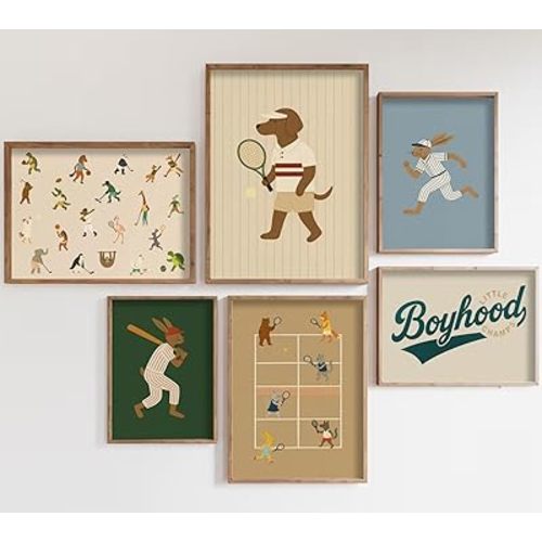 Sports Nursery Wall Art Vintage Athletic Boys Room Canvas Decor Baseball, basketball, football, Boys Room Pictures Animal Sports Poster Prints for Kids Bedroom Decor Artwork 12x16x6 Inch Unframed