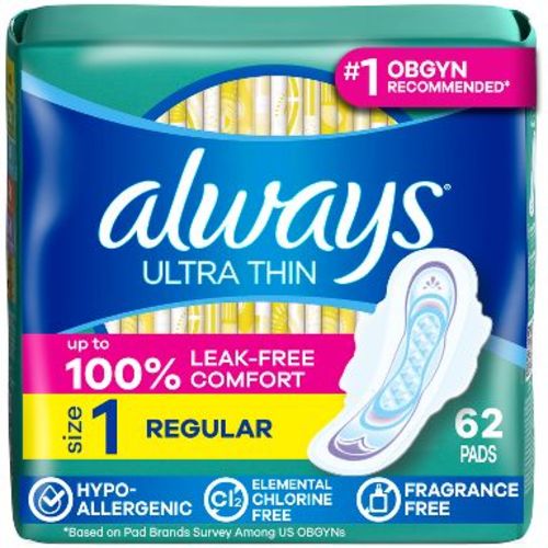 Always Ultra Thin Pads Unscented with Wings - Regular Absorbency - Size 1 - 62ct