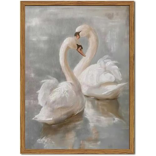 Framed Vintage Swan Canvas Wall Art, Romantic White Swan Paintings Wall Decor, Rustic Animal Pictures Prints Farmhouse Home Decor for Living Room Bedroom 12x16 inch