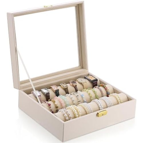 Nosiny 3 Tubes Bracelet Display Holder, Beige PU Leather Bangle Box