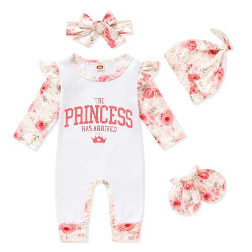 GRNSHTS Newborn Baby Girl Romper Infant Letter Print Jumpsuit Floral Bodysuit+Hat+Headband+Gloves Coming Home Clothes Outfits