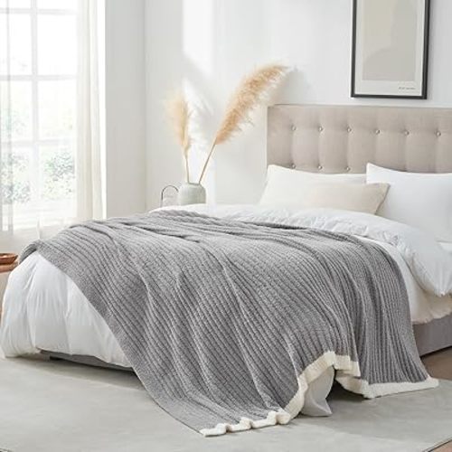 Snuggle Sac Fluffy Ribbed Grey Blanket Twin Size, Soft Luxurious Knit Fuzzy Microfiber Blankets for Couch, Sofa, Bed, Grey, 60x80 inches