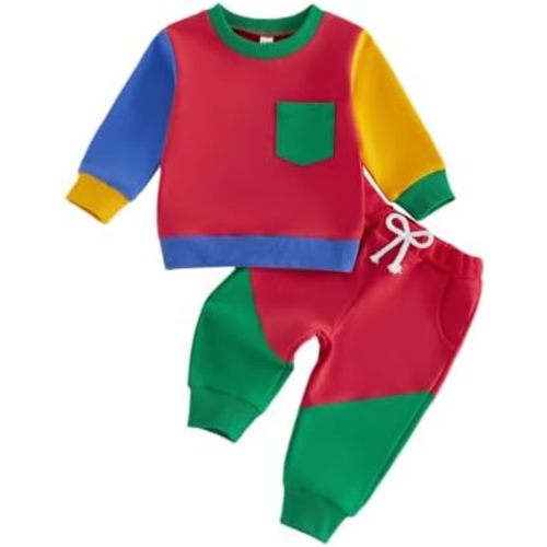 Kupretty Toddler Baby Boy Fall Winter Clothes Color Block Long Sleeve Sweatshirt Pullover Tops + Joggers Pants Outfit Set