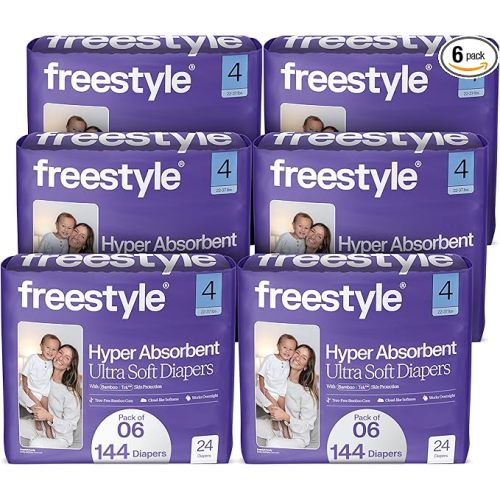 Freestyle BambooTek Diapers – (Size 4) Hyper Absorbent & Non-Toxic – Disposable Diapers for Sensitive Skin – Ultra Soft Diapers (22-37 lbs) – 144 Count