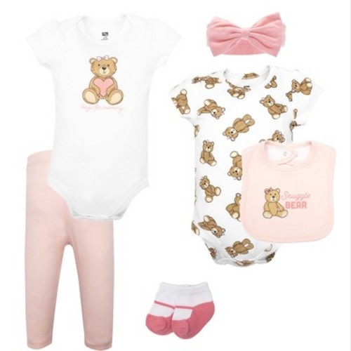 Hudson Baby Infant Girls Cotton Layette Set, Pink Snuggle Bear, 6-9 Months
