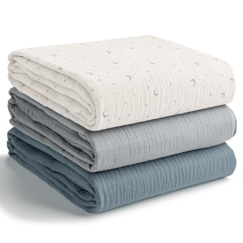 Muslin Swaddle Blankets Pack of 3, 42” x 42” in Star Pattern, Pacific Blue, Heather