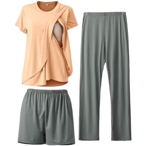 Rnxrbb 3 Piece Postpartum Nursing Pajamas Set Casual Soft Maternity Breastfeeding Pjs Sleepwear Loungewear Clothes Layer