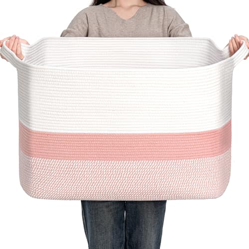 CLHMILY&Z Stylish Square Cotton Rope Storage Basket (Pink & White, 110L)