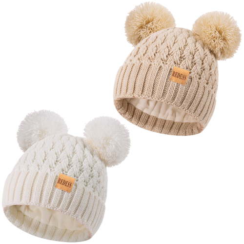 REDESS 2 Pcs Toddler Winter Pom Pom Beanie Hat For 0-3 Years Old Kid-White+Beige