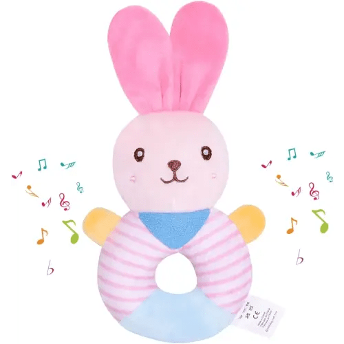 Baby Teether Rattle Toy - Soft Bunny Plush with Crinkle Squeaky Sound, Sensory Shaker for Newborns 0-12 Months, Infant Learning and Travel Stroller Toy