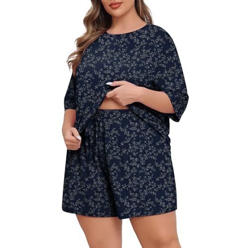 Lastshe Womens Plus Size Pajama Set 2 Piece Soft Short Sleeve with Pockets Summer Shorts Sleepwear Knit Pjs Lounge Set