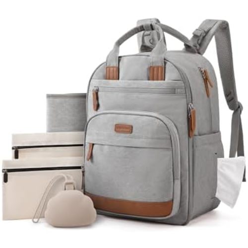 mommore Baby Diaper Bag with Waterproof Changing Pad, Light Gray