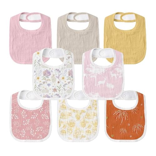 GLLQUEN BABY Muslin Drool Bibs for Boys Girls 8 Pack, Adjustable Baby Bibs for Drooling and Teething, Soft Cotton Baby Bandana Bib for Newborn Feeding Essentials (Flower)