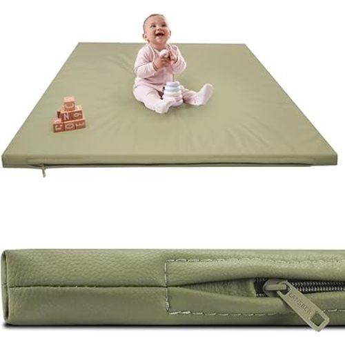 Lansber:1.2" Padded Baby Play Mat 50x50 Playpen Mat- Extra Thick Double-Sided Waterproof Vegan Leather for Infants and Toddlers, Soft and Easy-to-Clean Floor Mat for Crawling & Play