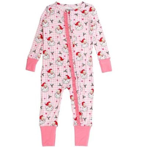 RuffleButts SoftSnooze Baby Girls Ruffle One Piece Convertible PajamaS - Pink Dear Santa, 0-3m