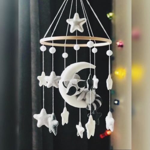 Raccoon Baby Mobile: Handmade Felt Woodland Nursery Decor - mobile + hanger, no color changes