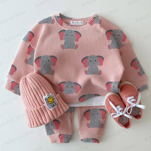 Baby Pink Elephant Print Waffle 2-piece Set