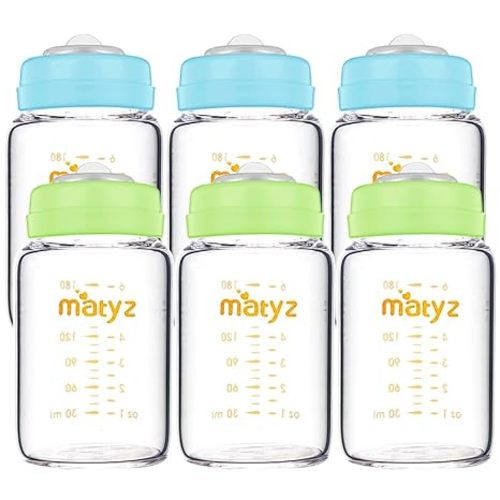 Matyz Glass Breastmilk Storage Bottles, 6 Pack, 6 oz, Sturdy Glass Bottle for Milk Freezing and Baby Feeding - Pumping Bottle for Philips Medela Spectra Breast Pumps - No BPA (3 Green & 3 Blue Lids)