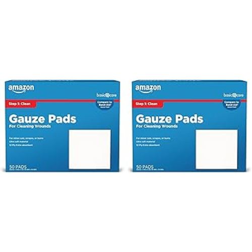 Amazon Basic Care Gauze Pads, 3x3 inches Sterile Medical Wound Dressing Sponges for Cleaning, Covering, & Cushioning Cuts & Minor Injuries, 50 Count (Previously All Health) (Pack of 2)