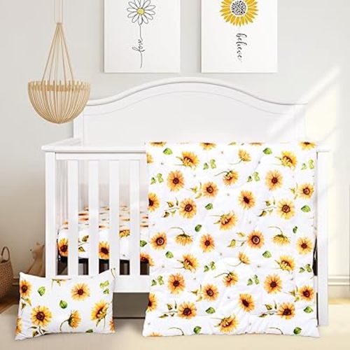 JISEN 3 Piece Baby Crib Bedding Set for Girls - Soft Floral Crib Comforter Set with Crib Sheet Comforter and Pillowcase Sunflowers