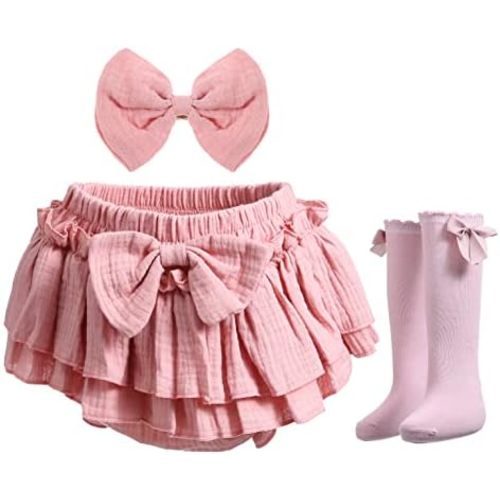 Newborn Baby Girl Cotton Skirts with Built-in Shorts Toddlers Ruffle Diaper Covers Infant Skorts with Bows Headband
