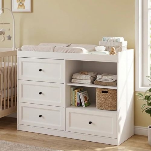 Changing Table Dresser, Baby Dresser with Changing Table Top, Nursery Dresser with 4 Drawers & Adjustable Shlef, Diaper Changing Station for Baby Room, White