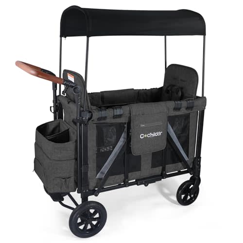 Cochildor Elite 2 Seater Wagon Stroller for Kids, Foldable Stroller Wagon with Removable Seats & Canopy, 5-Point Safety Harness, Adjustable Handle, Dark Gray
