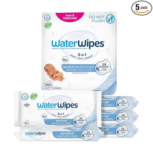 WaterWipes Sensitive+ Newborn & Baby Wipes, 3-In-1 Cleans, Cares, Protects, 99.9% Water, Unscented & Hypoallergenic, 300 Count (5 Packs)