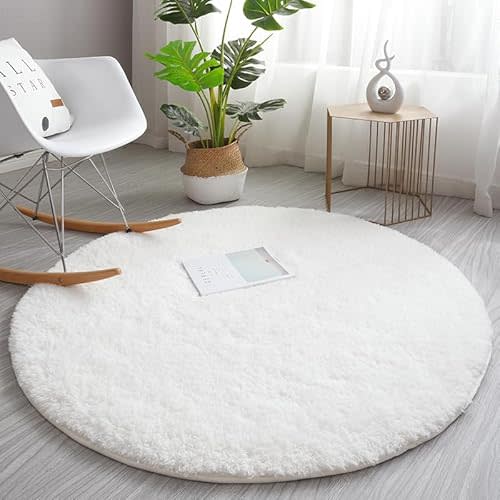 Calore Fluffy Round Area Rug for Living Room, Round Rugs for Kids Room Baby Nursery, Christmas Carpet for Dorm Teen's Room-Home Decor Shaggy Plush Throw Rug (White, 100cm(3'3"))