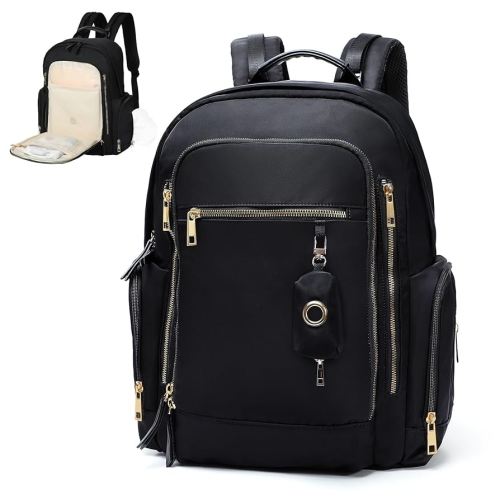 miss fong Diaper Backpack - Mommy & Dad Diaper Bag with Dispenser, 16 Pockets, Large Capacity, Travel & Baby Shower Gifts - Dark Black