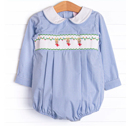 Reindeer Cheer Smocked Boy Bubble, Blue – Stitchy Fish