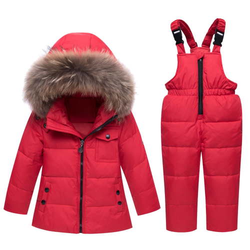 ZCFZJW Toddler Girl Snowsuit Two Piece Kids Solid Color Thickening Down Jacket Winter Hooded Warm Fuzzy Coat +Long Snow Bib Pants Kids Windproof Skiing Suit Red 1 Years