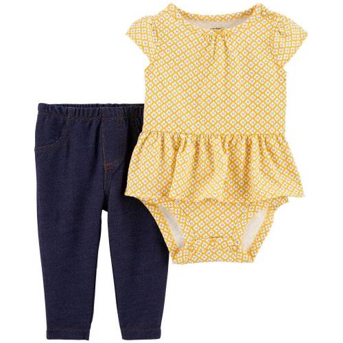 2-Piece Peplum Bodysuit Pant Set - Yellow/Navy - NB