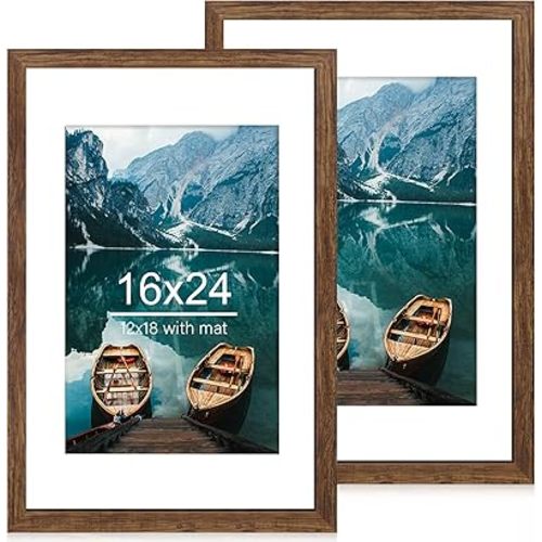 Hongkee 16x24 Frame Set of 2, Rustic Brown Wood Style - Display 16 x 24 Picture without Mat or 12x18 Picture with Mat, Wall Mounting Horizontal and Vertical