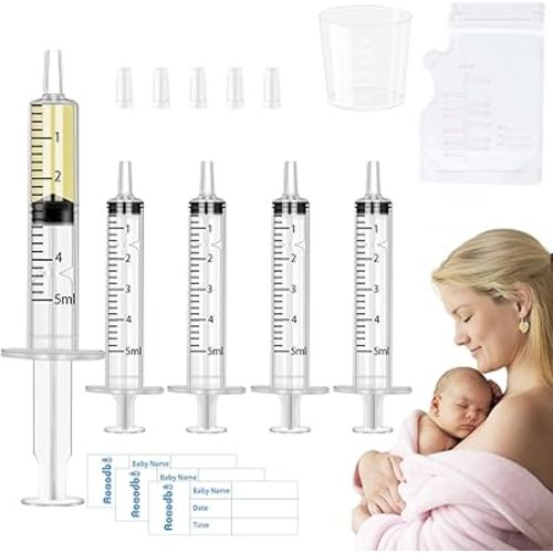 Colostrum Collector Kit Include 40pcs 5ml Sealed Breast Milk Collector No Needle Colostrum Syringes 5 Breastmilk Storage Bags and 1 Piece 30 ml Measuring Cup with 50 Stickers