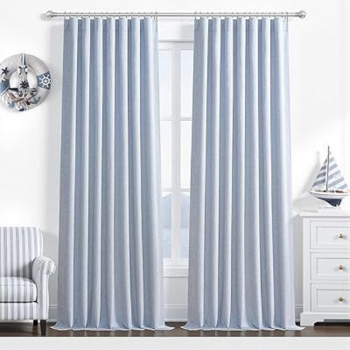 Dusty Blue Blackout Nursery Curtains 96 Inch Length for Kids/Boys Rooms/Bedroom, Floor to Ceiling Track Pleated Window Drapes with Hooks Linen Winter Thermal Coastal Light Blue(50"Wx96"Lx 2Panels)