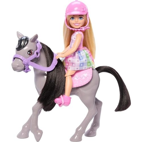 Barbie Chelsea Doll & Toy Horse Set, Includes Helmet Accessory & Saddle, Small Doll Bends at Knees to “Ride” Gray Pony