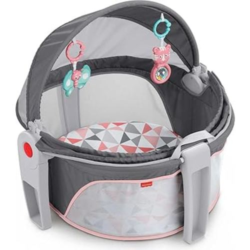 Fisher-Price Portable Bassinet On-The-Go Baby Dome, Travel Play Space with Developmental Newborn Toys & Canopy, Rosy Windmill