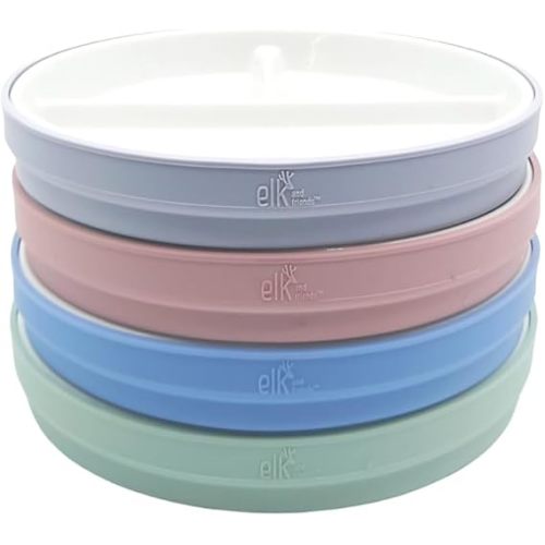 Elk and Friends Kids 7.8” Porcelain White Plates with Silicone Sleeves | Divided Plates | Suitable for Kids/Toddlers | Microwave & Dishwasher Safe | Non Slip | Snack Dishes…