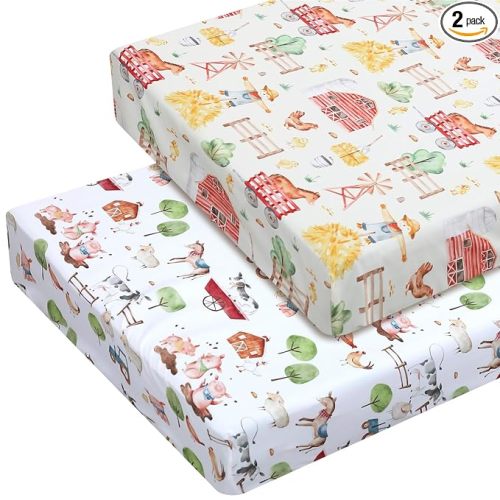 Mindsoft 2 Pcs Farm Animal Crib Sheet Set 52 x 28 x 8 Inches Baby Sheet Newborn Bedding Nursery Crib Sheets for Girl Boys Baby Gifts for Toddler Mattresses