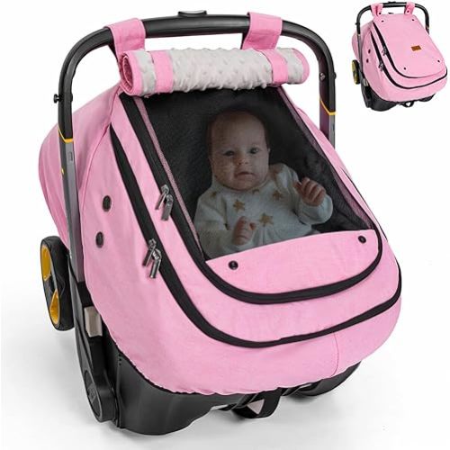 Bioby Waterproof Baby Car Seat Cover, Infant Car Seat Cover for Boy Girl, Roomy Cozy Windproof Sun Protection Baby Carseat Covers Canopy with Breathable Net and Holes, Universal Fitted, Pink