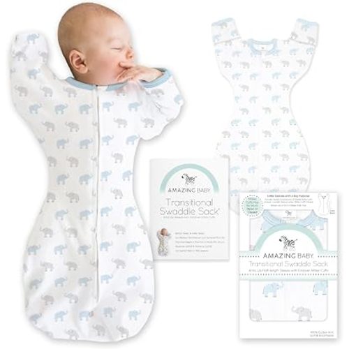 Amazing Baby Transitional Swaddle Sack, Cotton, Tiny Elephants Blue, 3-6mo