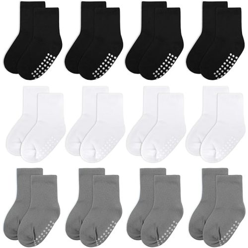 12 Pack Baby Socks and Toddler Socks,Soft Cotton Crew Socks with Non-Slip Grips for Infants,Boys and Girls,6-12 Months,(Black/White/Gray)