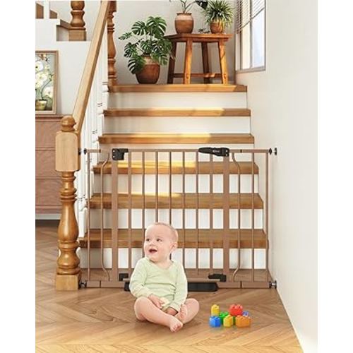 29"-40" Baby Gate for Stairs, Auto Close Pressure Mounted Dog Gate Indoor for Doorways, Stroller Friendly Baby Gate, Easy Walk Through Gate for Children & Pets, Brown
