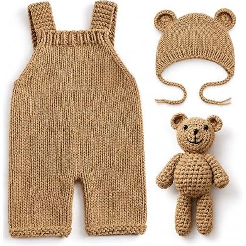 Newborn Photography Props Baby Bear Knit Romper Hat Outfits Set Boys Girls Photo Shoot Animal Costume Outfit 0-3 Month Crochet Knitted Overalls Bonnet
