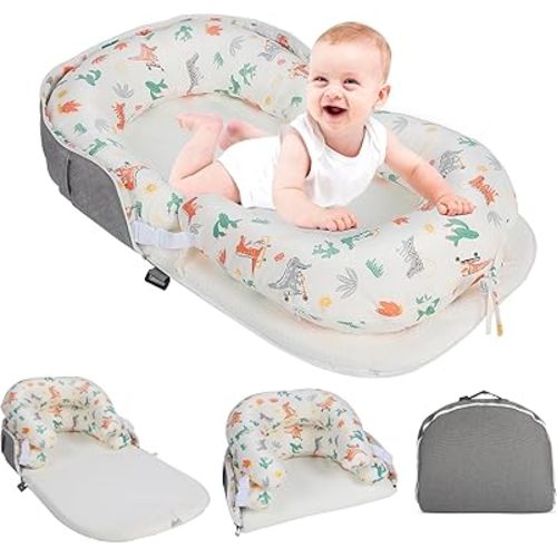 Portable Baby Lounger & Tummy Time with Zip-Up Carry Bag, Infant Support Cushion for Newborns to Toddlers (Cactus)
