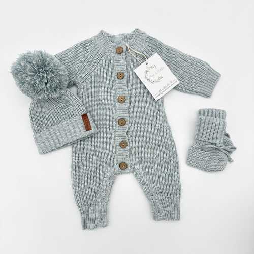 Baby Knit Jumpsuit Buttoned Outfit | Combo Options| Beanie booties Jumper| Heather blue MEKO