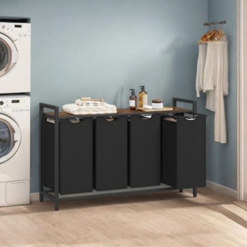 LEDREM 45.7 x 13 x 28.4 Inches Laundry Sorter Hamper, Laundry Basket Storage, Laundry Sorter with 4 Pull-Out and Removable Bags, Shelf