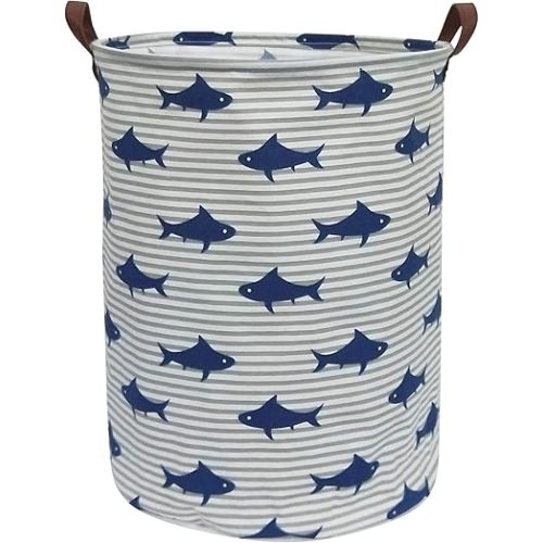 CLOCOR Kids Laundry Basket,Shark Toy Storage Bins,Baby Clothes Hamper,Round Gift Basket with Handles for Bedroom Nursery,Toddler Room Decor (Shark)